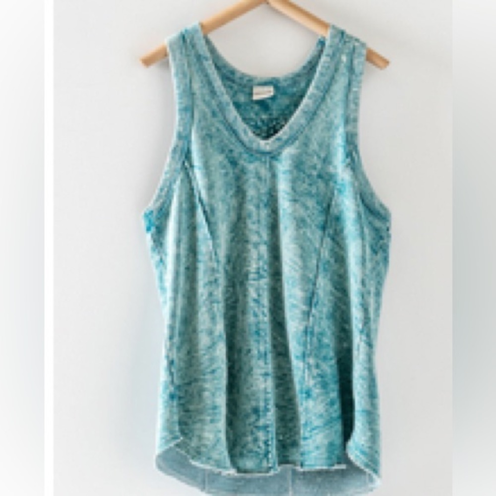 Teal acid washed, racerback tank top with raw edges